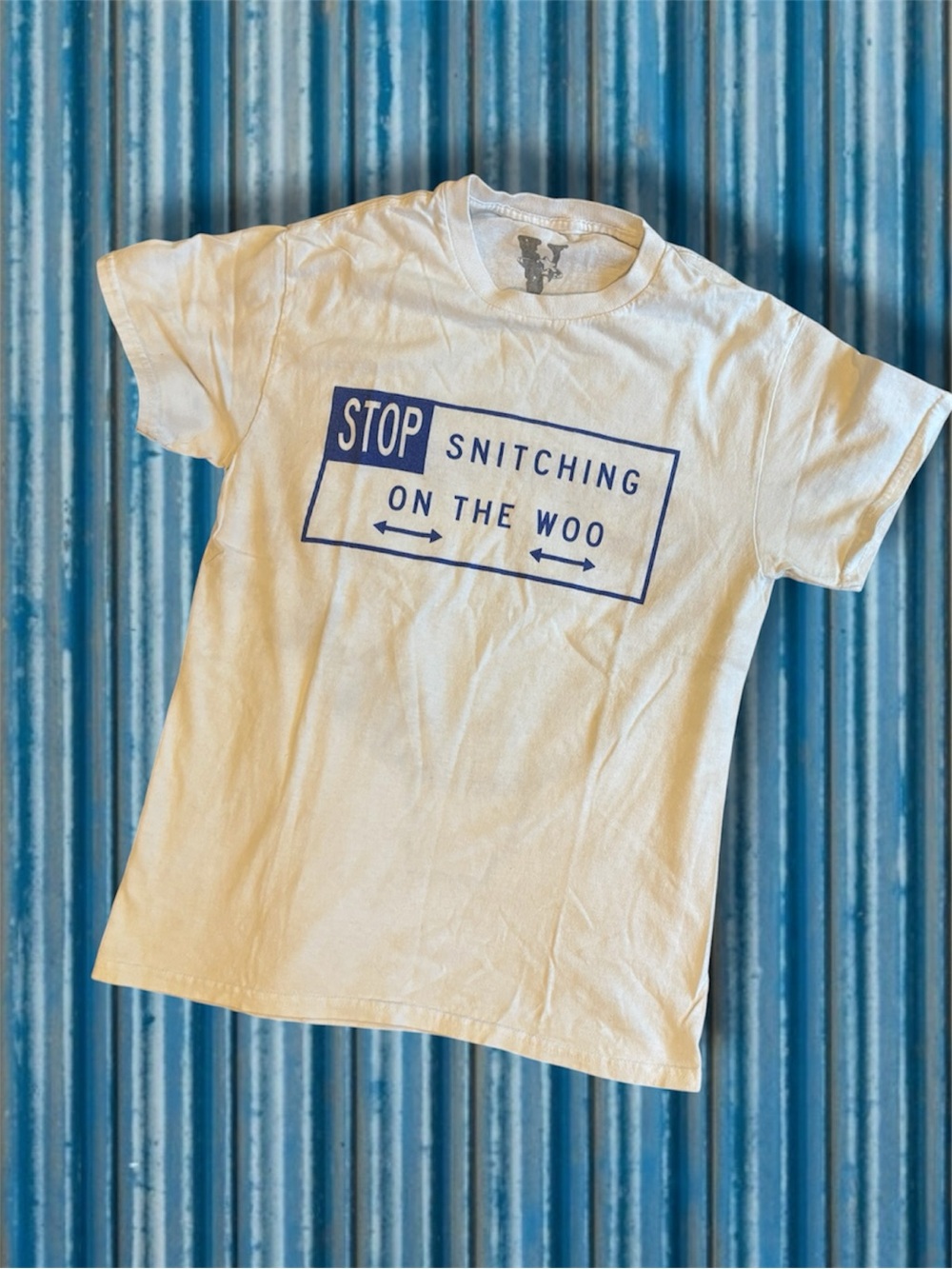 VLONE White Tee with Blue 'Stop Snitching on the Woo' Graphic